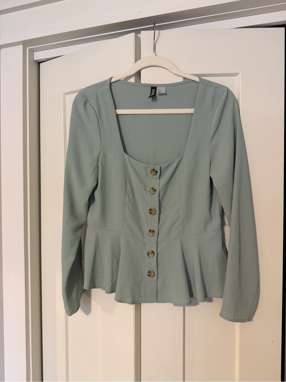 H&M Sage Green Button-Front Peplum Blouse